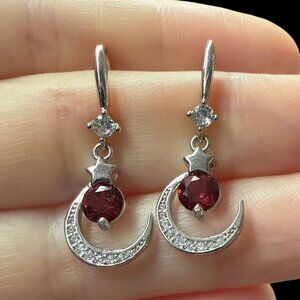 Earrings garnet moon dangle jewelry fashion event CZ s925 sterling gift new